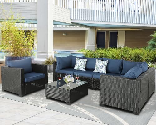 Outdoor Furniture Patio Furniture Sets Conversation Sets Balcony Furniture Outdoor Sectional for Outdoor Indoor Backyard Lawn Garden Porch Poolside (Dark Blue, 6 Pieces Set)