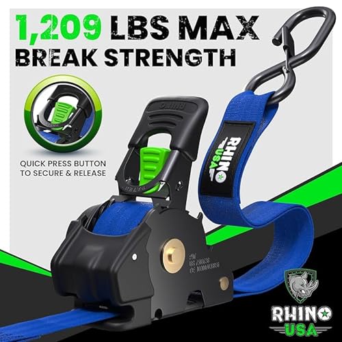 Rhino USA Retractable Ratchet Straps (4-Pack) - 1 Inch x 10 Feet (1,209lb Break Strength) - Heavy Duty Auto Self Retracting Tie Down Straps for Truck, Cargo Trailer, Motorcycle, Rad & More - Black