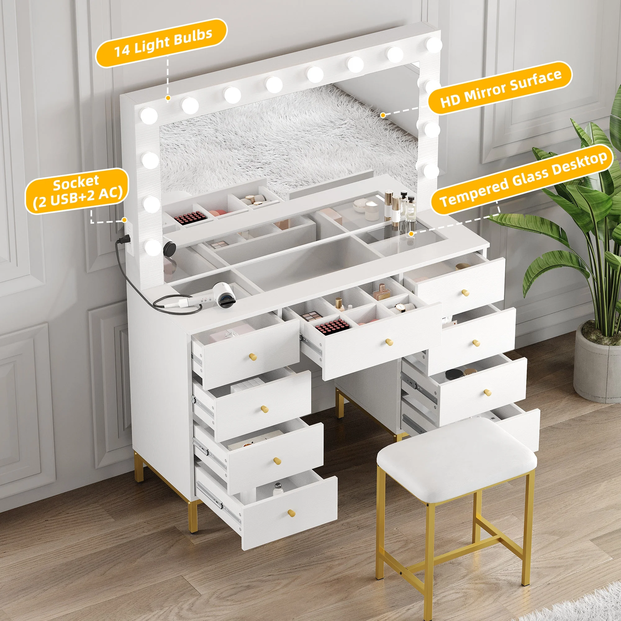 Dextrus Dextrus Vanity Table Set with 3 Color Lighted Mirror & Charging Station & Stool, Modern Makeup Vanity Dressing Table with 9 Drawers for Bedroom, Gold and White Vanity Desk for Women Girls