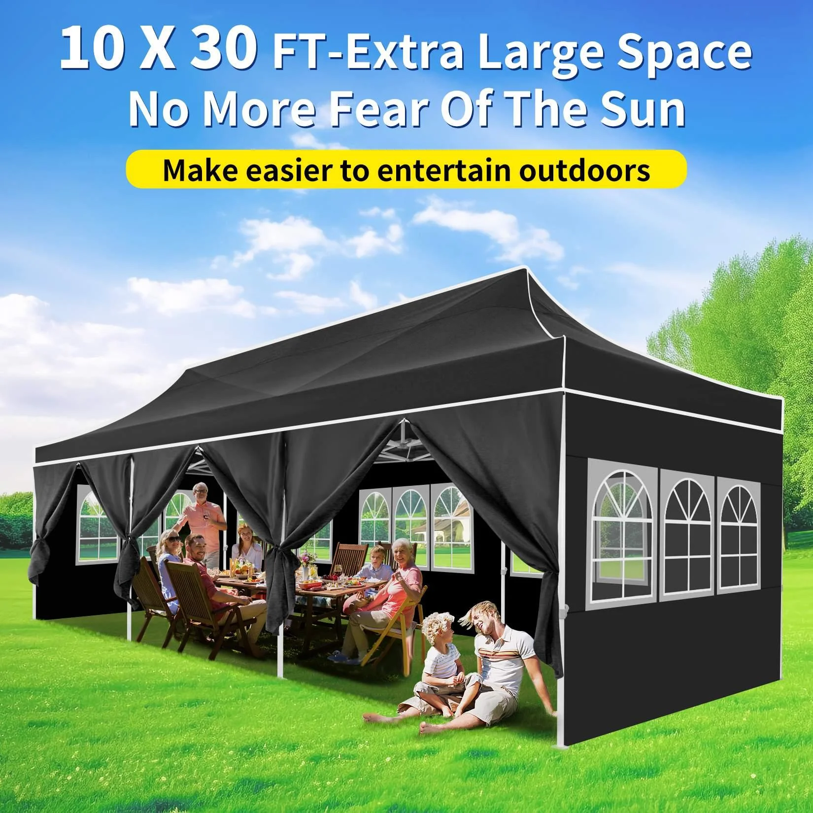 SANOPY 10'x30' EZ Pop Up Canopy, Heavy Duty Commercial Wedding Canopy, Large Waterproof Portable Party Tent with Carry Bag, 8 Removable Sidewalls, 4 Ground Spikes & 4 Ropes, Black
