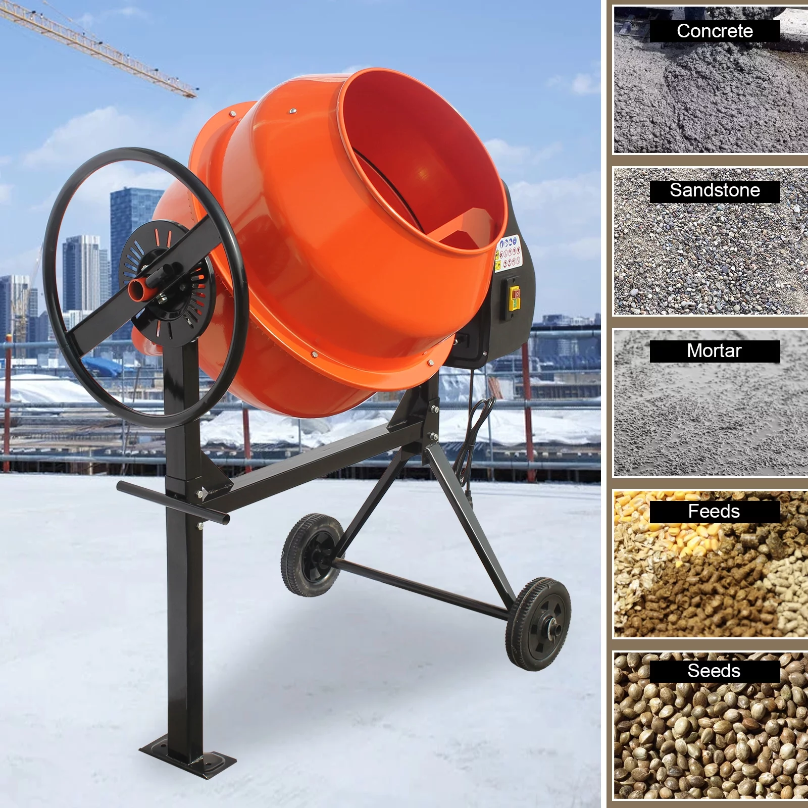 Oarlike 4/5HP Electric Concrete Cement Mixer 5 Cu Ft Mortar Mixing Stucco Seeds Portable Barrow Machine
