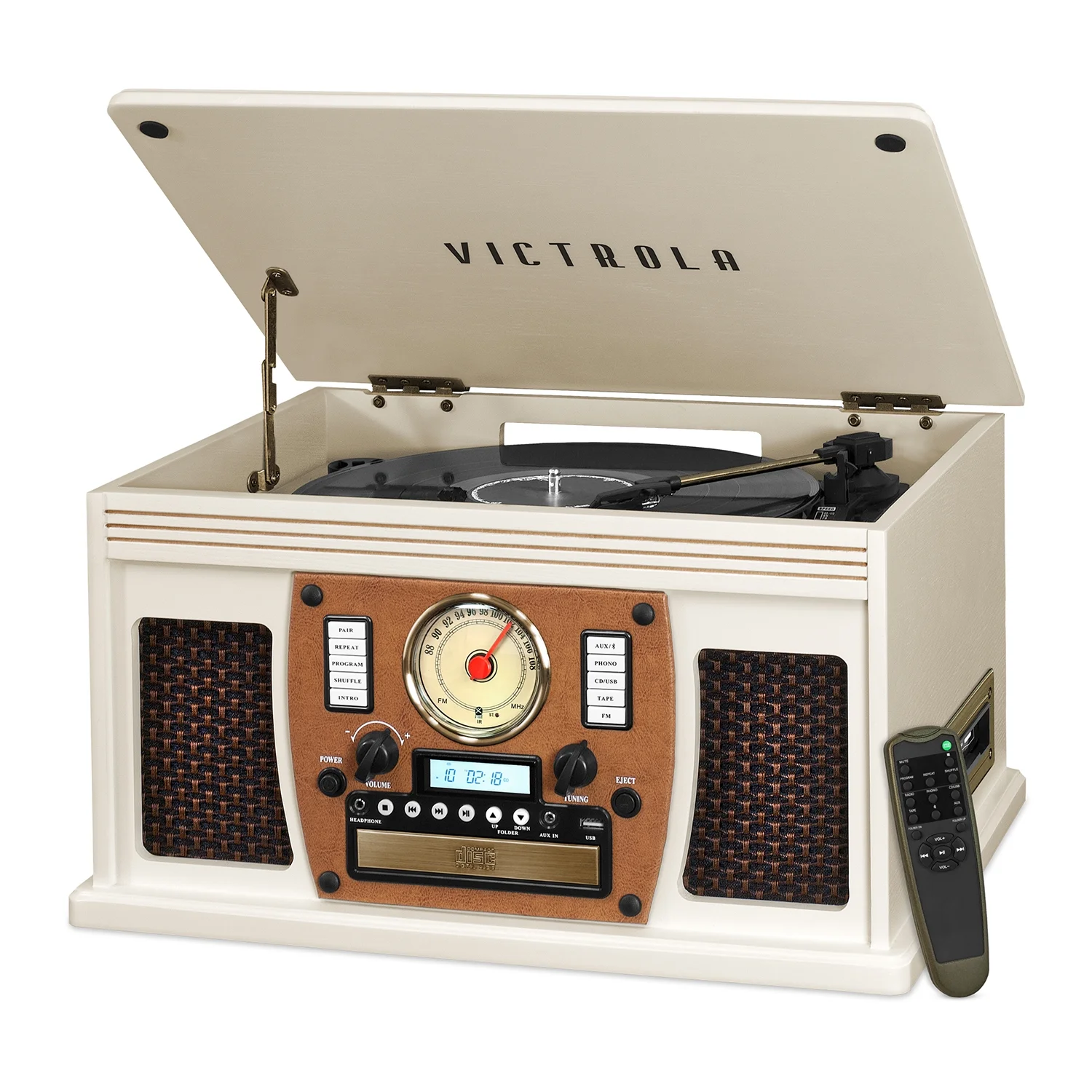 Victrola Wood 8-in-1 Nostalgic Bluetooth Record Player with USB Encoding and 3-speed Turntable - White
