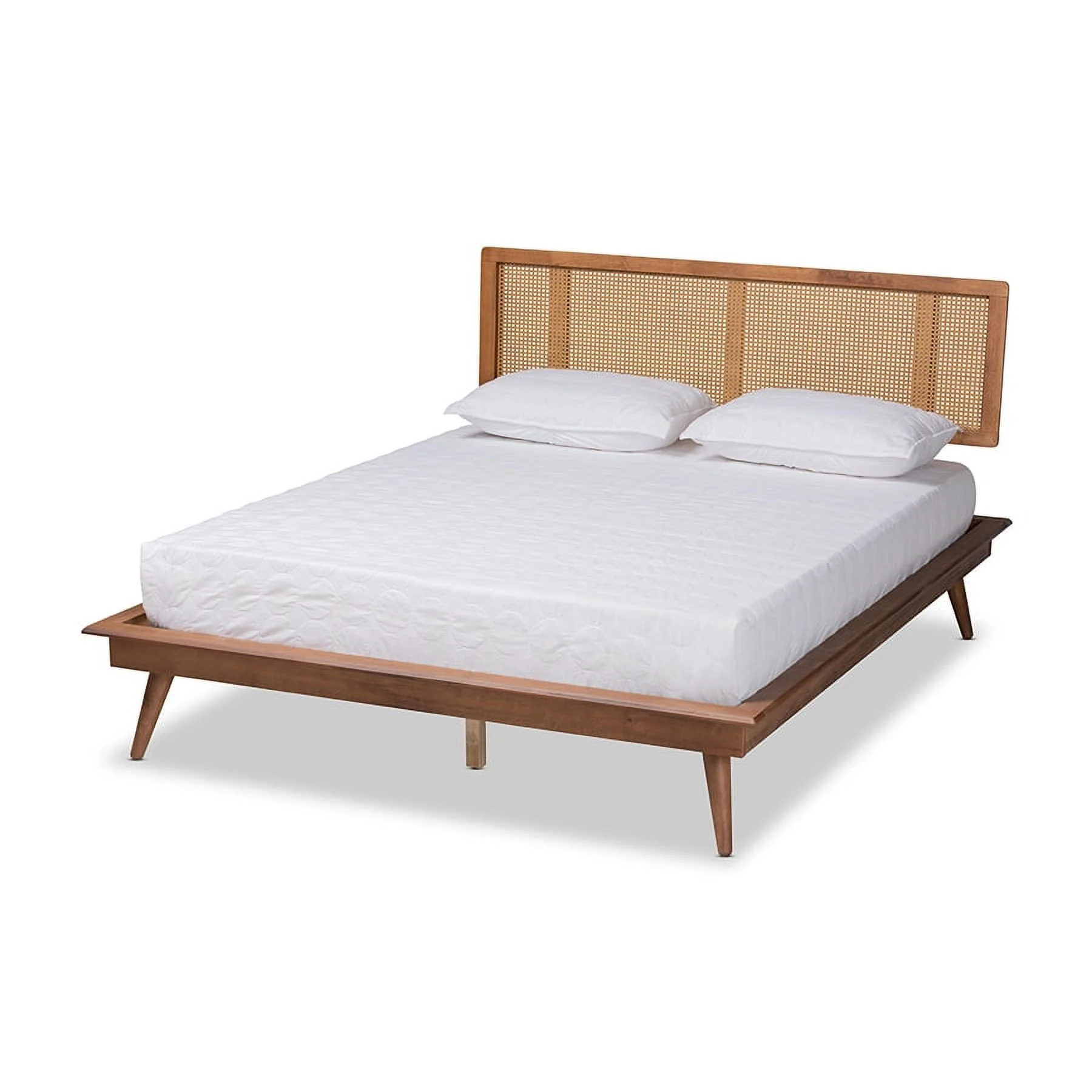 Baxton Studio Nura Mid-Century Modern Walnut Brown Finished Wood and Synthetic Rattan Full Size Platform Bed