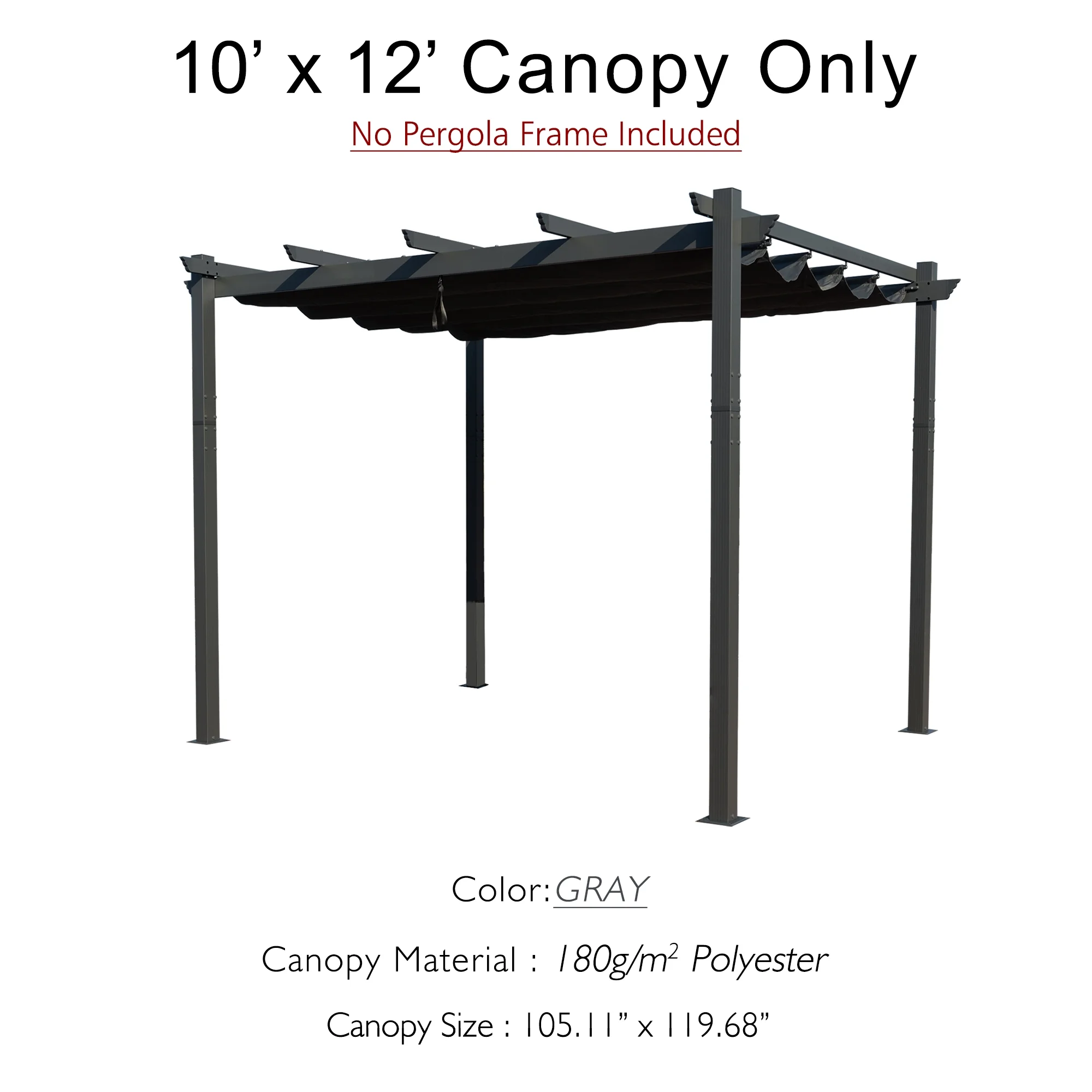 Kozyard Morgan Outdoor Extra-Large Gray Aluminum Frame Pergola with Sunshade Canopy (10ft x 12ft, Gray, Canopy Only)