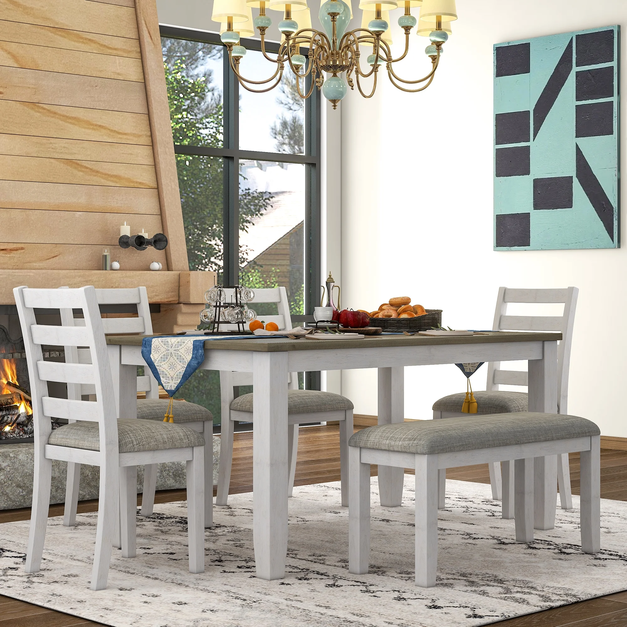 CoSoTower Rustic Style 6-Piece Dining Room Table Set With 4 Upholstered Chairs & A Bench, Brown + Whitewash