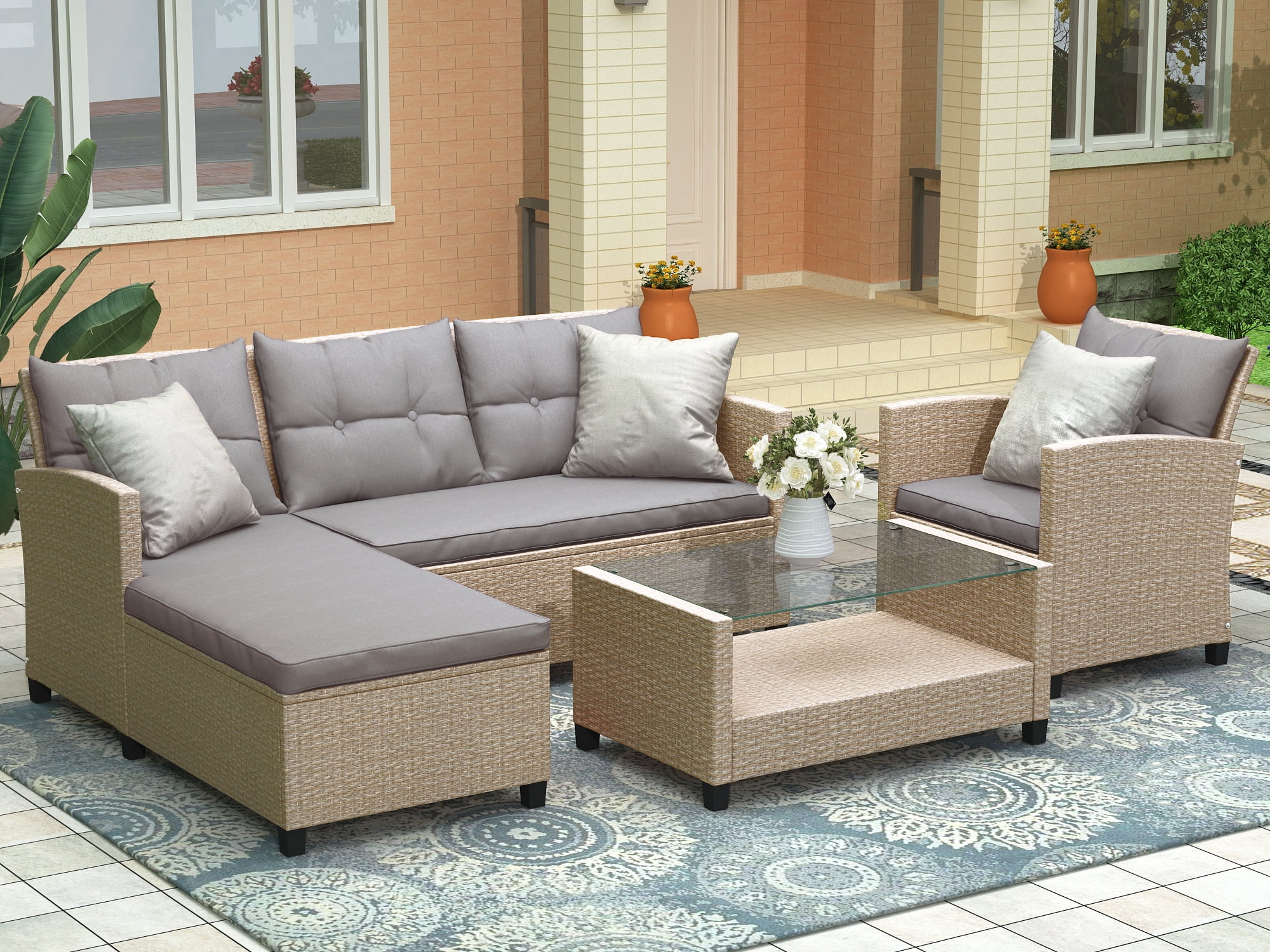 4 Piece Patio Sectional Sofa Set, Outdoor Conversation Set, All-Weather Wicker Sectional Seating Group with Cushions & Coffee Table, Modern Furniture Couch Set for Patio Deck Garden Pool, Gray