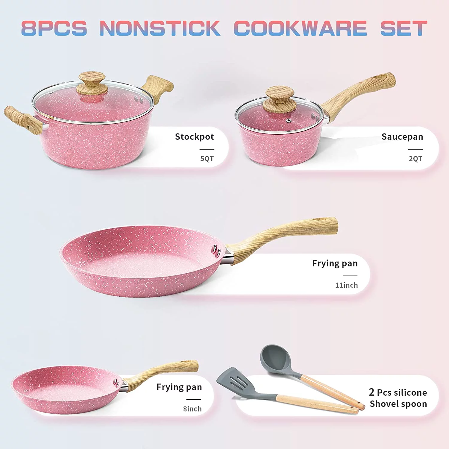 Excellent Nonstick Cookware Sets  8 Piece Pots and Pans Set  Granite Stone Cookware Non Stick Frying Pan Set with Stay Cool Handles  Pink kitchen Cookware Sets 100% PFOA-Free  Toxin-Free