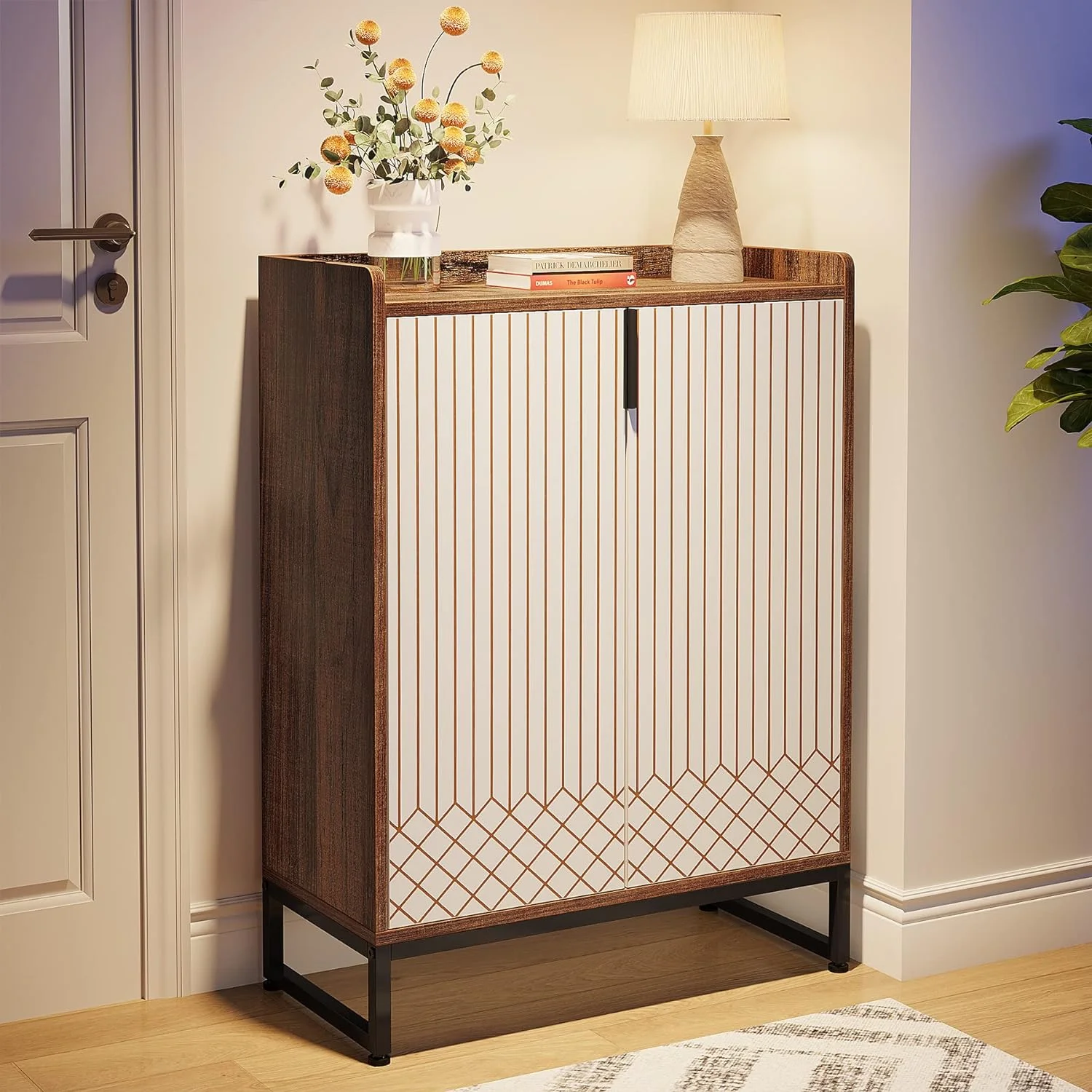 Tribesigns 25 Pairs Shoe Cabinet with Doors,Modern Shoe Cabinet for Entryway, Wood 5-Tier Shoe Organizer, Freestanding Brown Shoe Storage Cabinets with Black Metal Frame for Bedroom Living Room