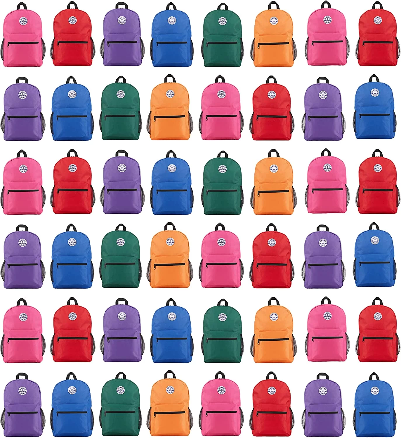 48 Pack 17 Inch Wholesale Backpacks for students, 12 Assorted Colors - Bulk Case of Bookbags Water Resistant Knapsacks