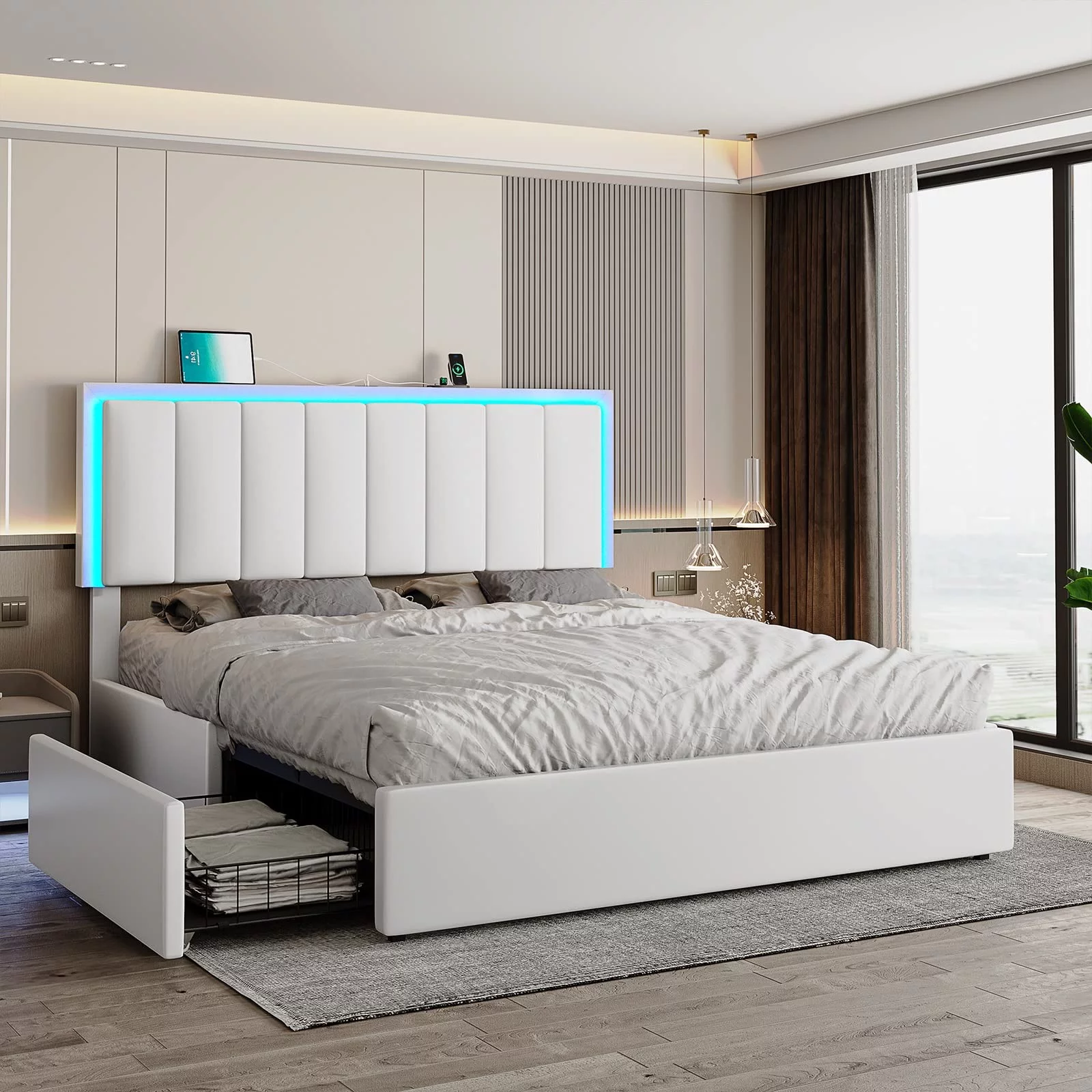 DICTAC Queen LED Bed Frame with 4 Storage Drawers and USB Ports Modern Upholstered Platform Bed Frame with Storage Faux Leather Storage with LED Headboard, Easy Assemble, No Box Spring Needed, White