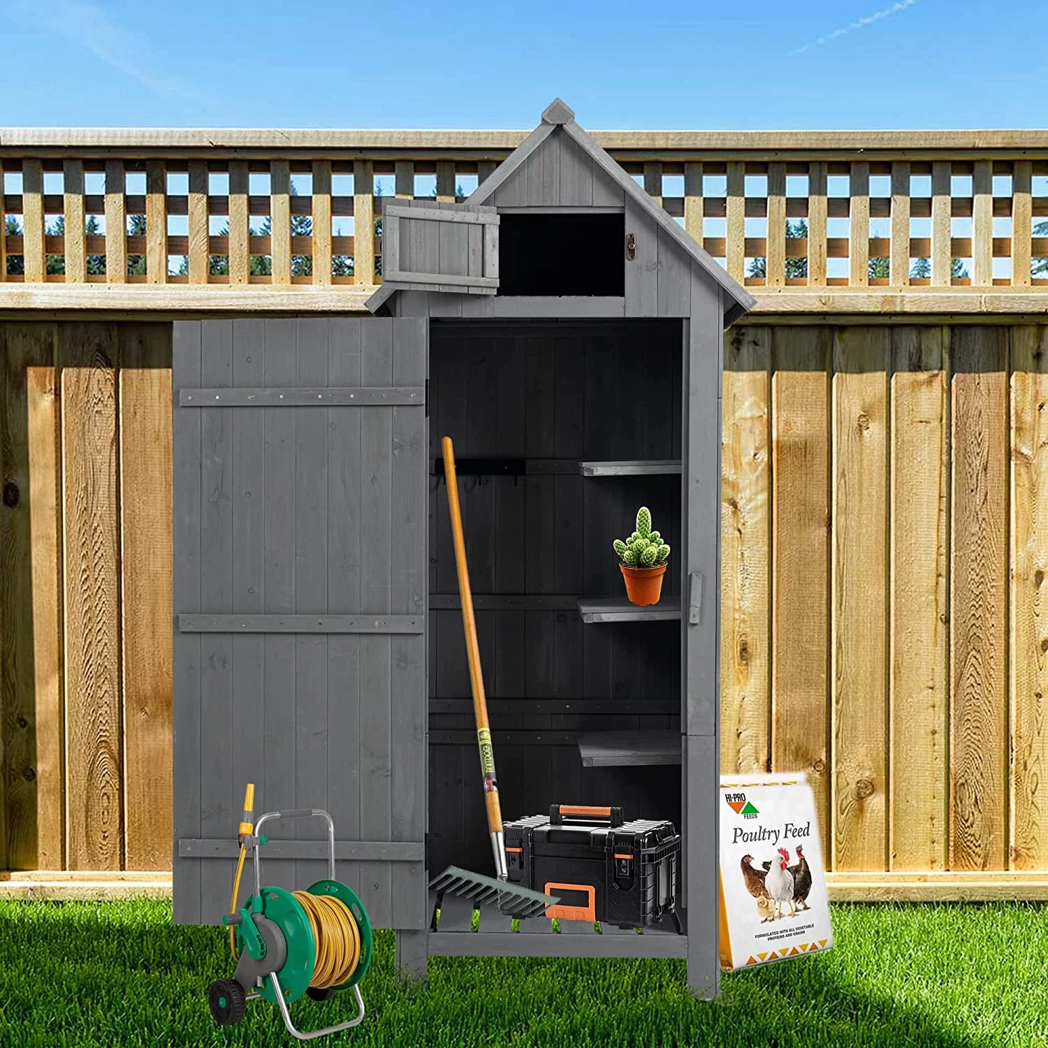 Wooden Outdoor Storage Cabinet Tool Shed - 30.3” L X 21.3” W X 70.5” H Small Wood Garden Shed, Outside Sheds Cabinets Storage Shelves for Patio, Backyard丨Gray