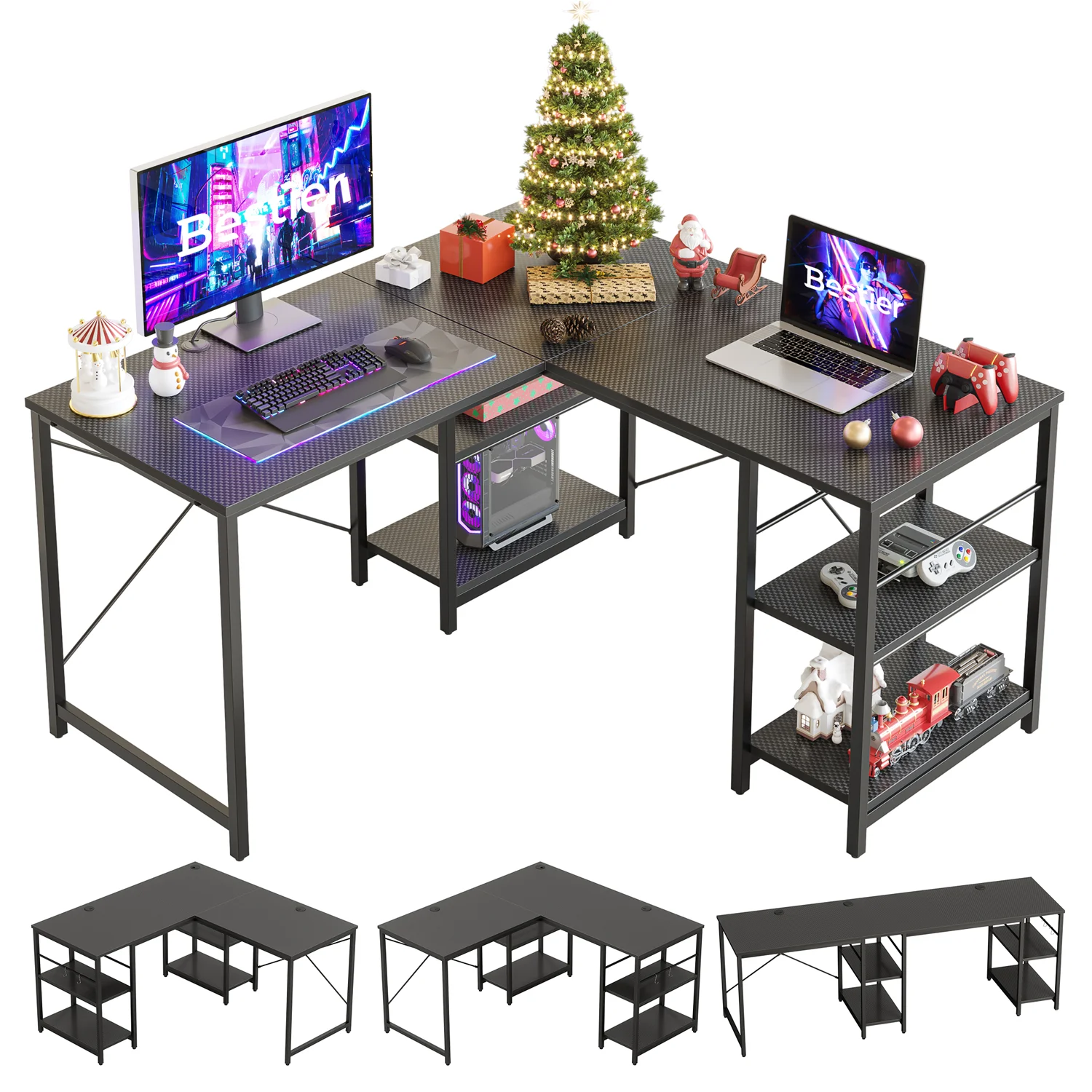 Bestier 86.6 inch L-Shaped Reversible Computer Desk Long Table with Shelves Carbon Fiber Black