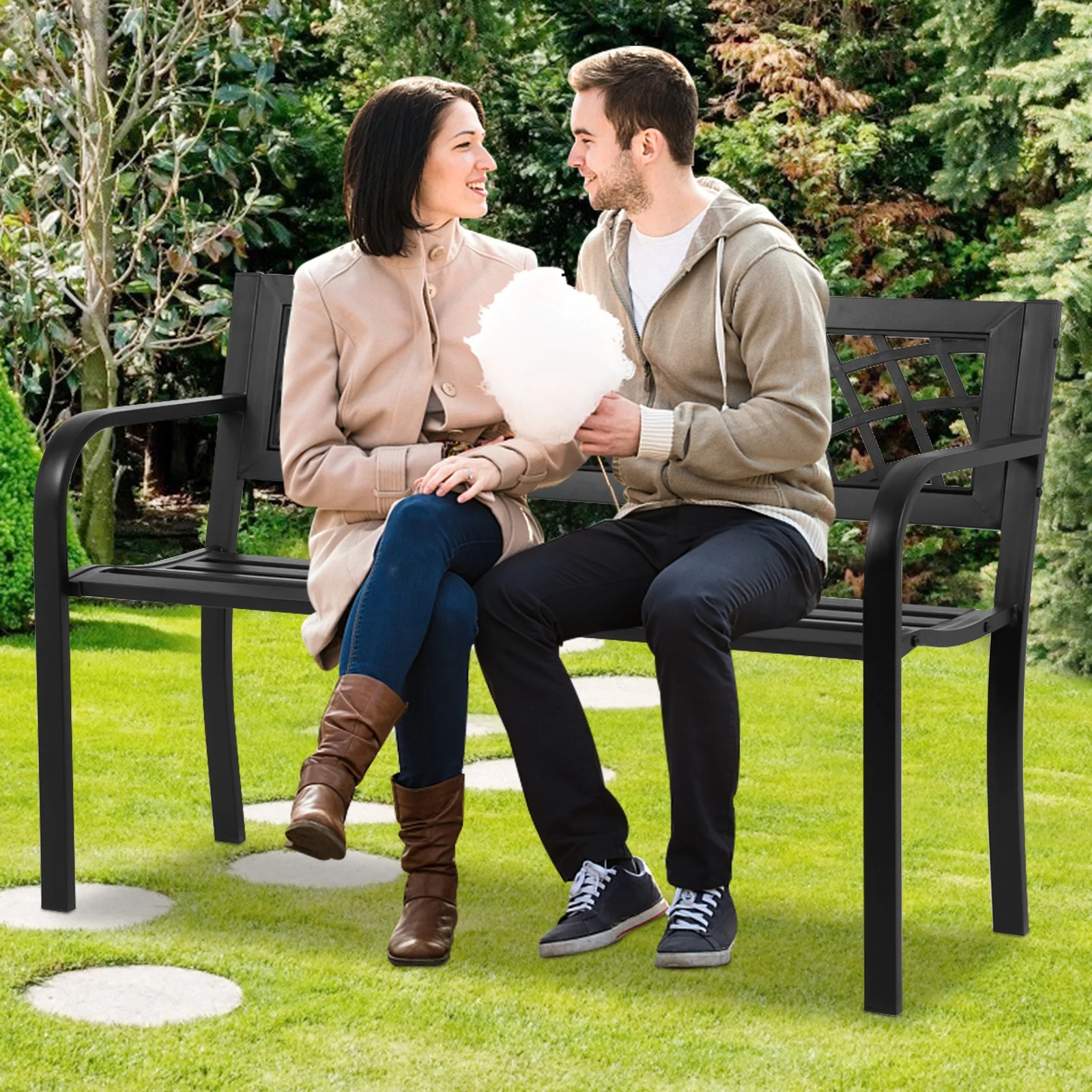 CL.HPAHKL Outdoor Garden Bench, Weatherproof Heavy-Duty Metal Patio Bench Porch Bench with Armrests & Backrest 400lbs Weight Capacity, Park Bench for Garden Yard Lawn Patio Park, Black