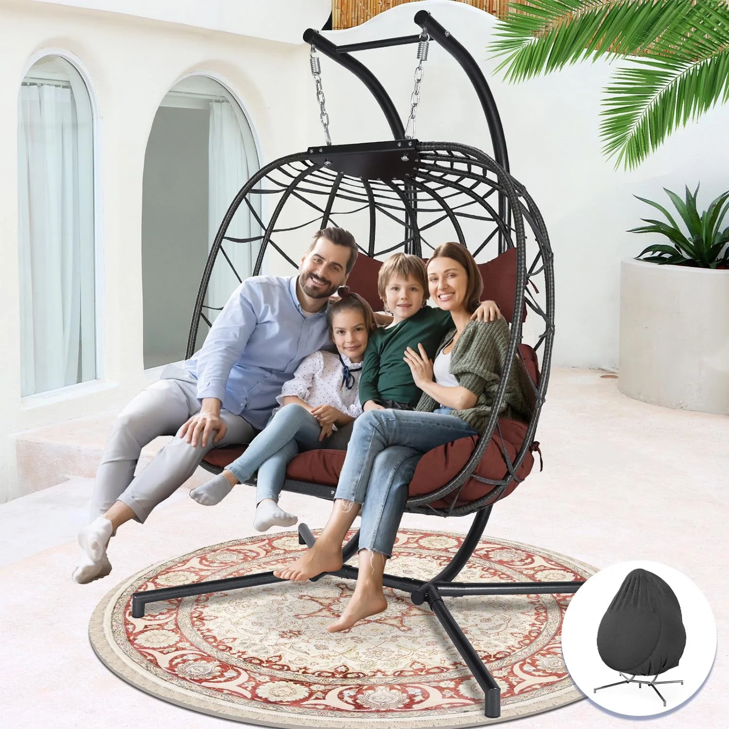 NICESOUL 2 Seater Egg Swing Chair with Stand 2 Person Indoor Outdoor Gray Swing Hanging Chair Two Person Burgundy Olefin Cushion Large Luxury 510Lbs Capacity