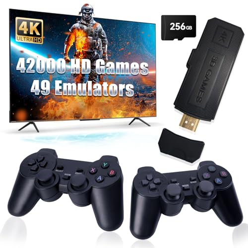 GWALSNTH 42000 Games in 1 Retro Game Stick,Wireless Mini Retro Game Console with 256GB SD Card,Built in 49 Emulators,Two 2.4GHz Bluetooth Wireless Controllers,1280*720 4K Full HD Output