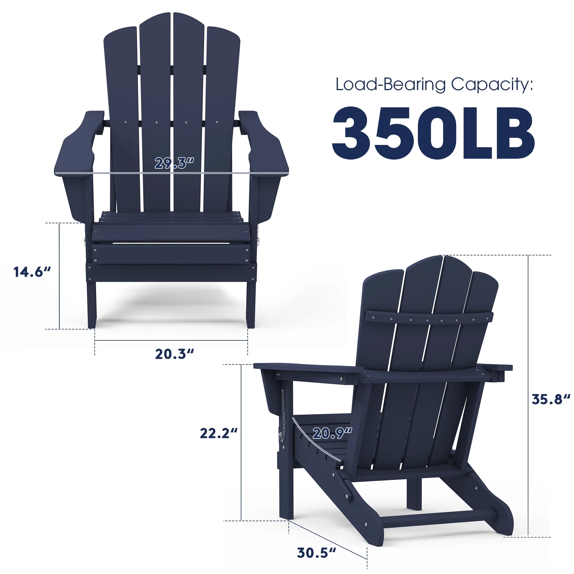 Plastic Adirondack Chair, Folding Outdoor Patio Furniture Chair, Navy Blue