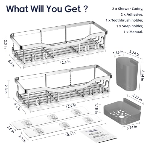 Shower Caddy Adhesive Shower Organizer Bathroom Shower Shelves, Wall Shelf for Inside Shower Storage with Soap Dish&16 Hooks, Rustproof Stainless Steel No Drilling Rack Home Decor 2 Pack Large