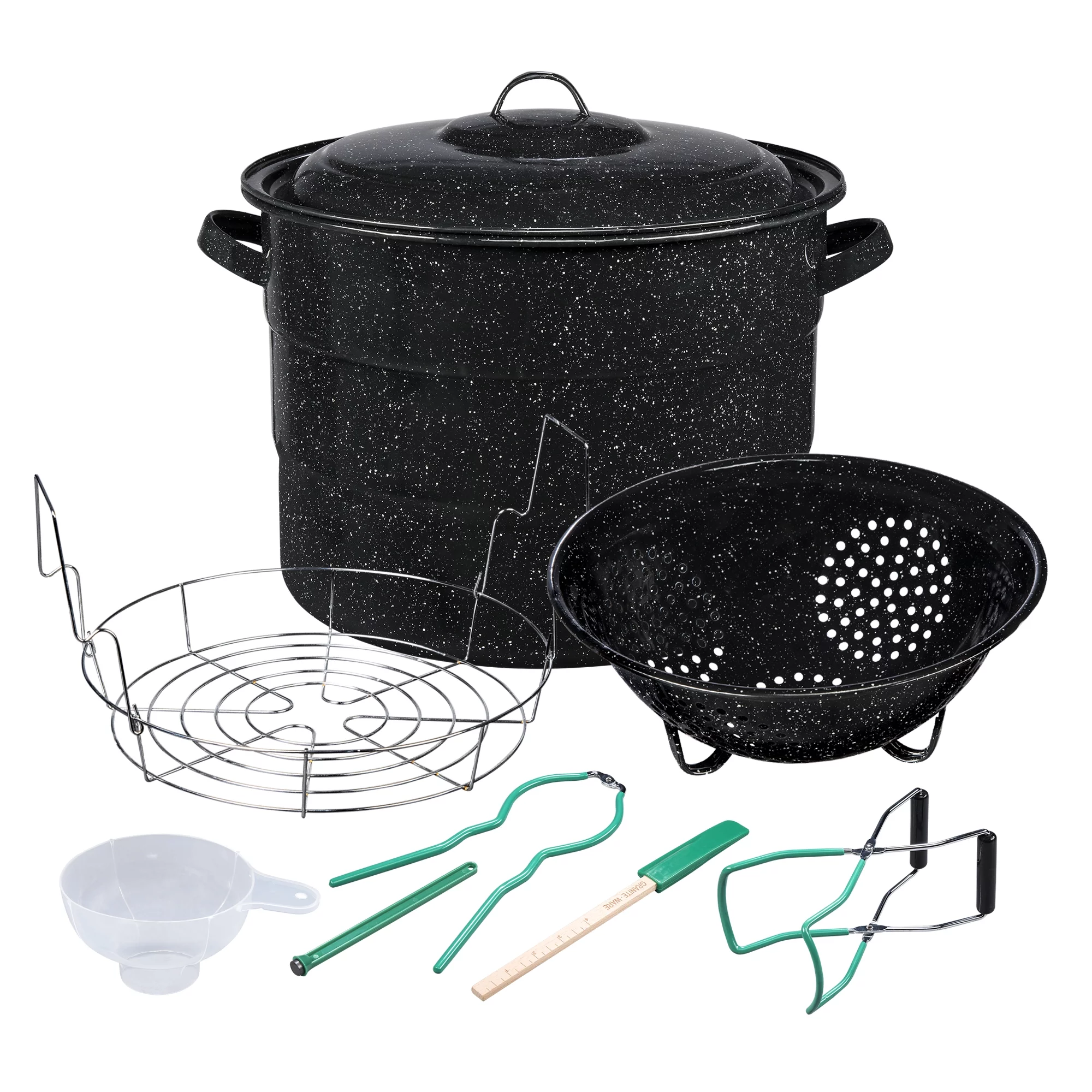 Granite Ware 9 piece enameled steel water bath canning pot set. Includes 5 piece toolset, jar rack and colander. Canning supplies Starter kit. (Speckled Black)