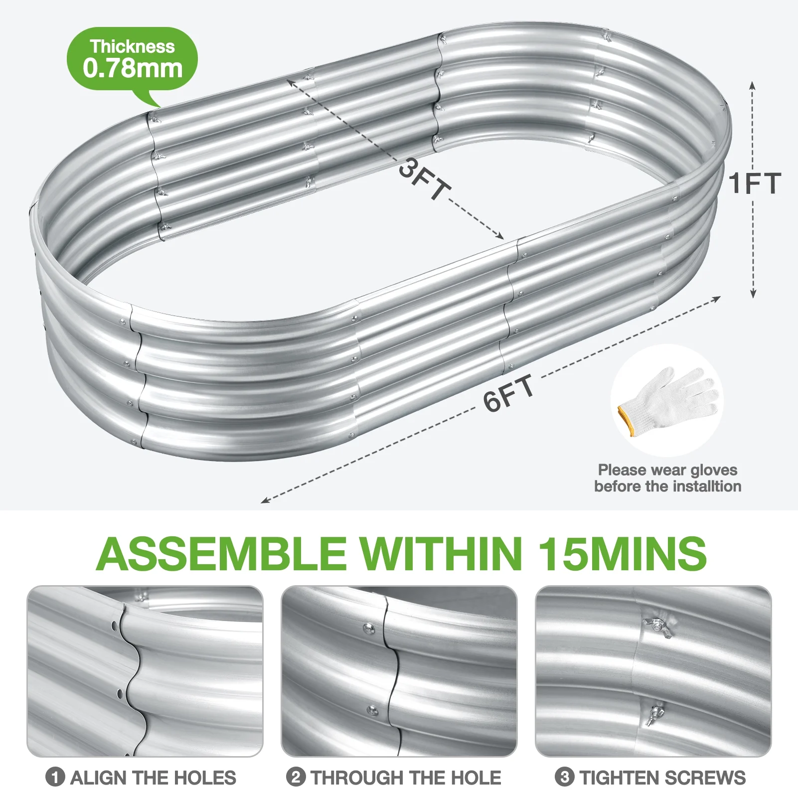 Livhil Galvanized Raised Garden Bed , Metal Outdoor Planting Garden Planter Raised Beds, Galvanized Raised Planters 6ft (L) x3ft (W) x1ft (H), Silver,Not Wood