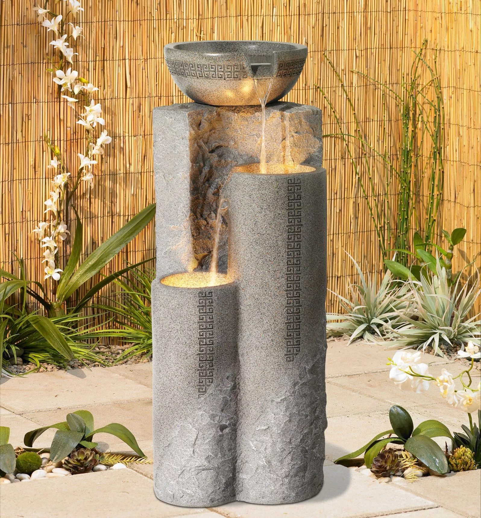 John Timberland Bowl and Pillar Modern Zen Cascading Outdoor Floor Water Fountain with LED Light 34 1/2