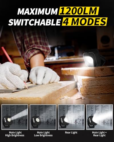 Led Work Light with 4 Modes,1200LM Portable COB Magnetic Light,3350mAh Recharge Spotlight and Floodlight,150° Rotate IP65 Waterproof for Car Repair, Camping, Grill (1 Pack Without Hook)
