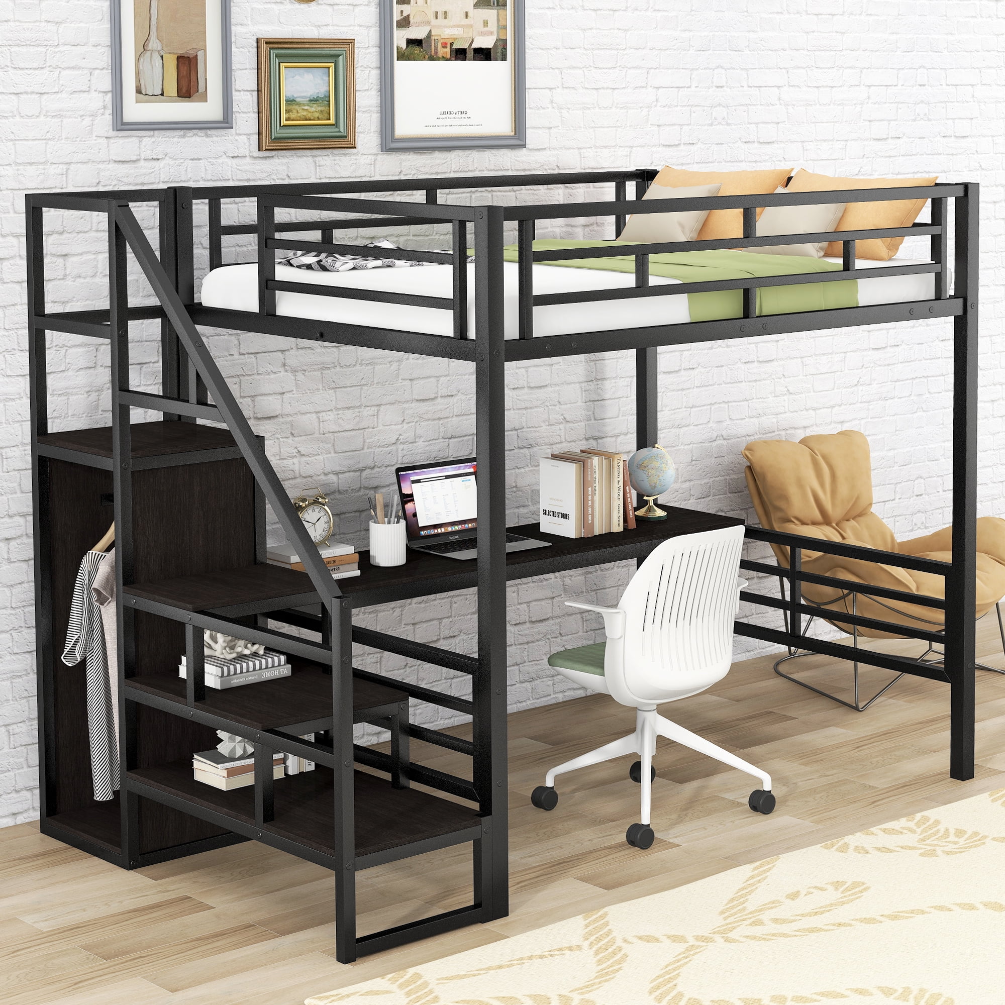 Bellemave Full Size Metal Loft Bed with Storage Staircase and Small Wardrobe,Heavy Duty Loft Bed Frame with Built-in Long Desk and Safety Guardrail for Kids,Teens,Black