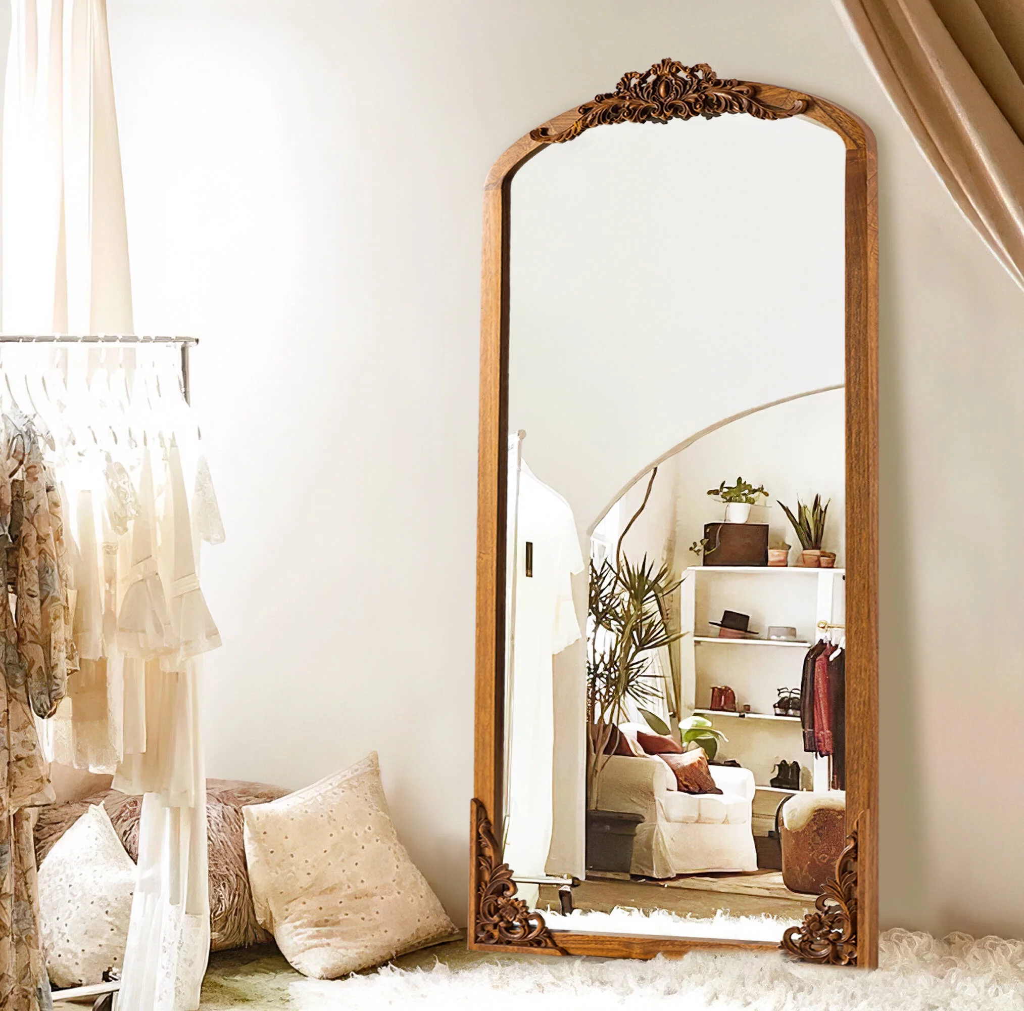 Neutypechic Wooden Arch Mirror Full Length Mirror Vintage Decorative Mirror for Living Room Bedroom 30