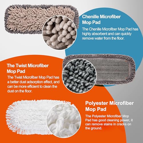 Mops for Floor Cleaning with 3 Different Washable Mop Pads and Extendable 55” Long Handle, Multifunction Dust Mop for Hardwood,Marble,Tile Floor Mopping,Orange