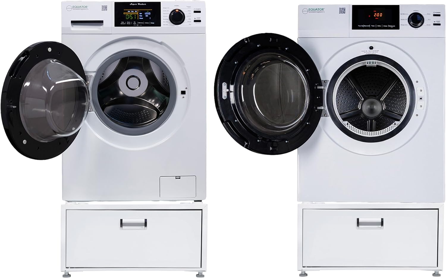 Equator Complete Laundry Set Washer 1.9cf 110V+Vented Dryer 220V+ Pedestals