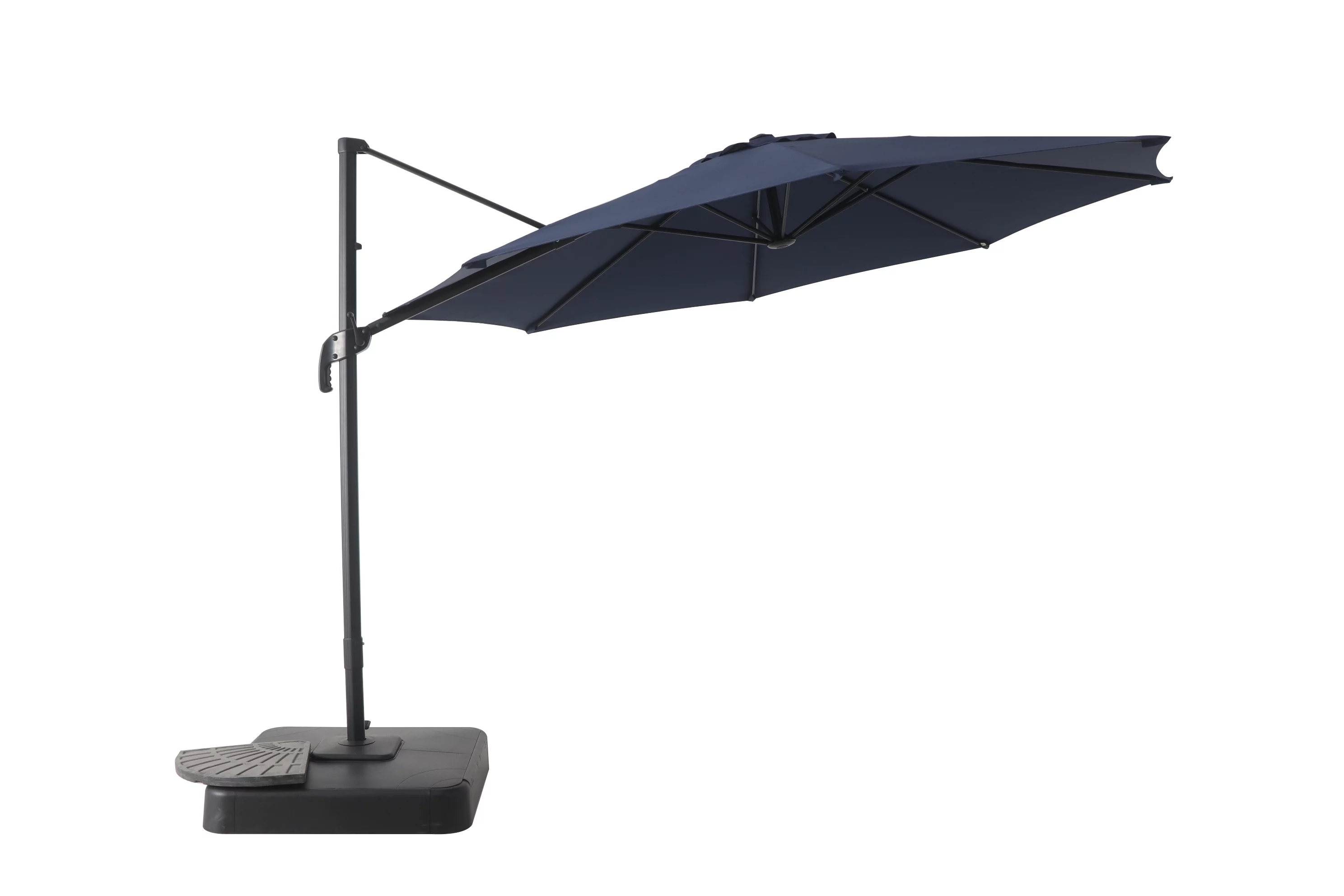 Mainstays 10’ Navy Blue Octagon Outdoor Tilting Cantilever Offset Patio Umbrella with Weighted Base and 360 Degree Rotation
