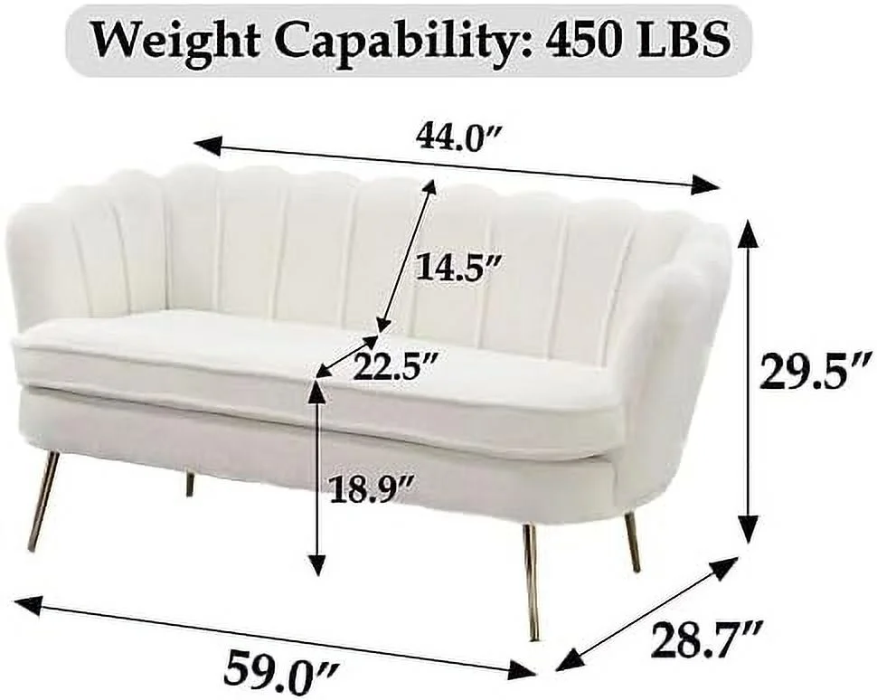 TJUNBOLIFE Boucle Loveseat Sofa with Gold Metal Legs  59\u201D Modern 2 Seater Sofa with Flower Backrest  Couch for Living Room Bedroom Office (Ivory)