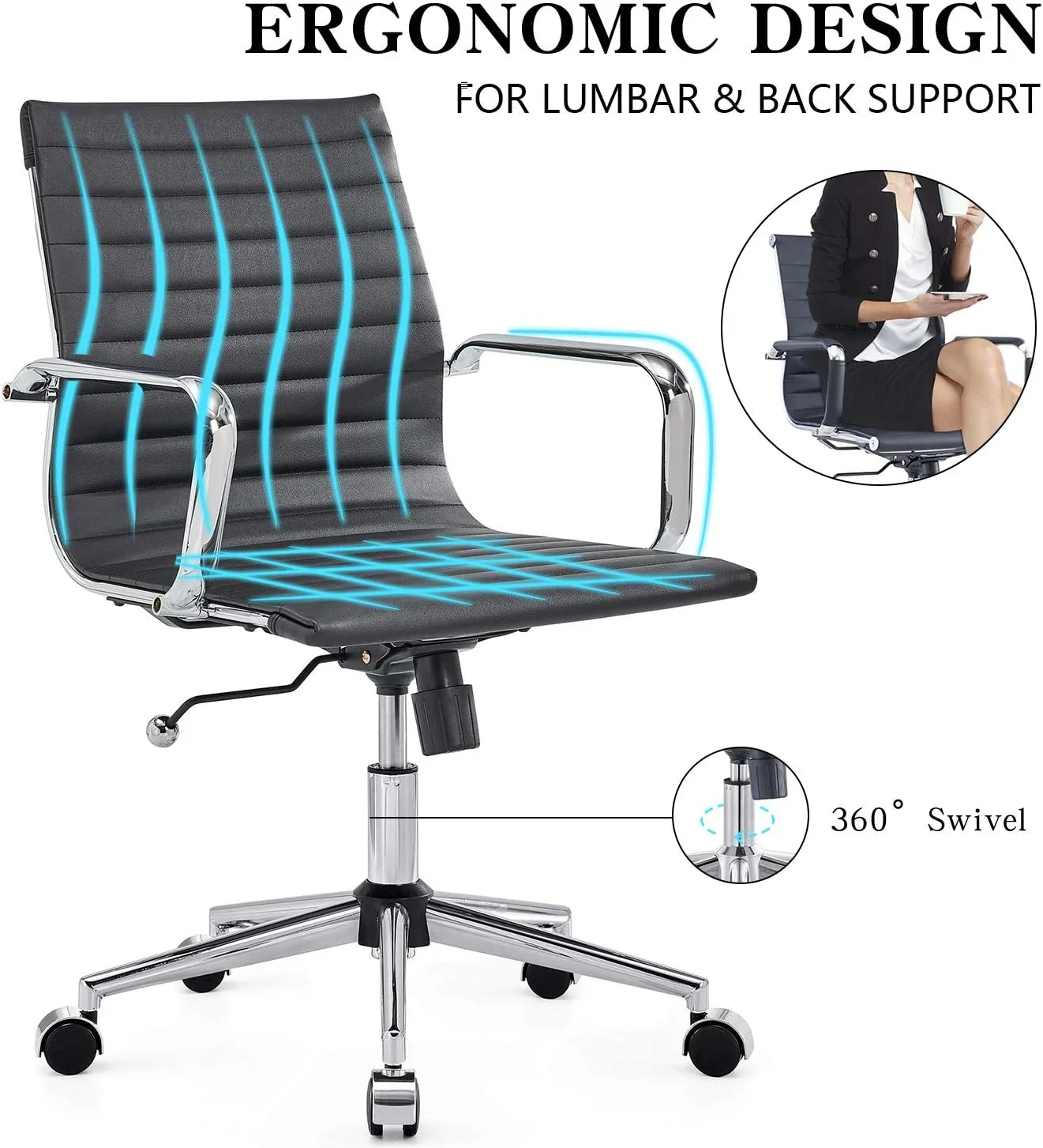 Office Chair Rolling Office Chair With Back Support Ergo Office Chair With Caster Wheels Office Chair For Heavy People 320Lbs Swivel Office Chair (Black)