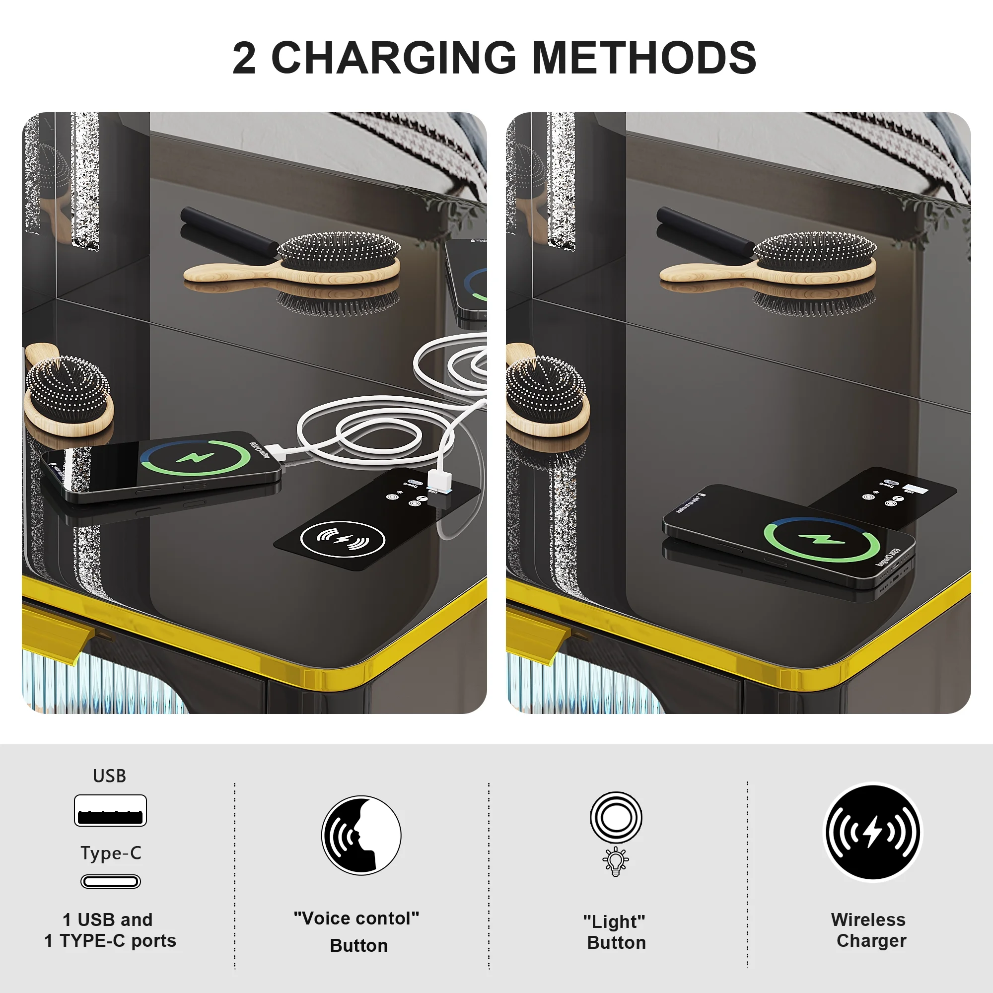 HNEBC Vanity Desk with Mirror and Lights, Vanity Set with Smart Voice Control LED Light, Makeup Vanity Has Wireless/USB/Type-C Charging Station, 2 Drawers, Vanity+Vanity Stool(Black)