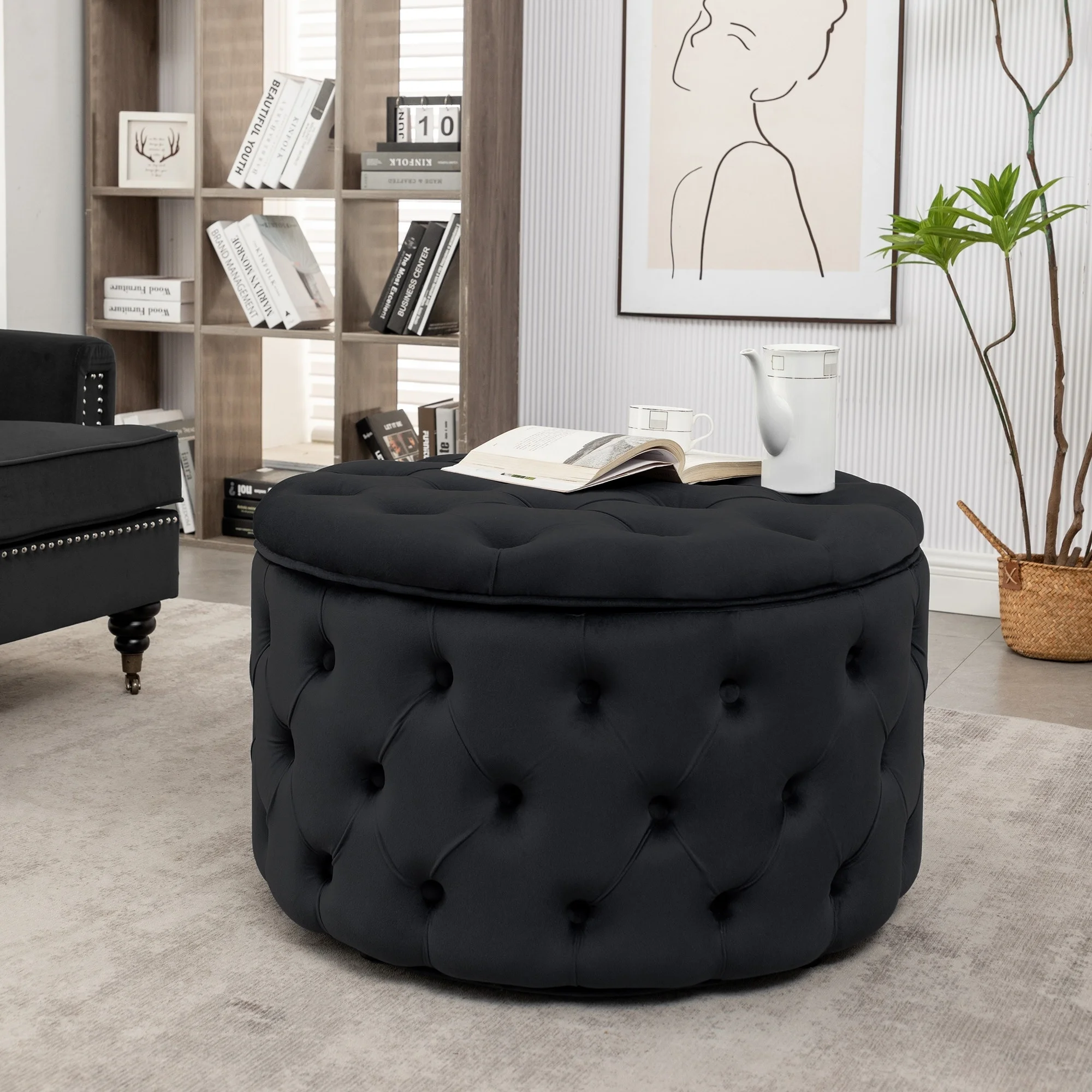 Porthos Home  Fiene Velvet Upholstered Round Storage Ottoman Black
