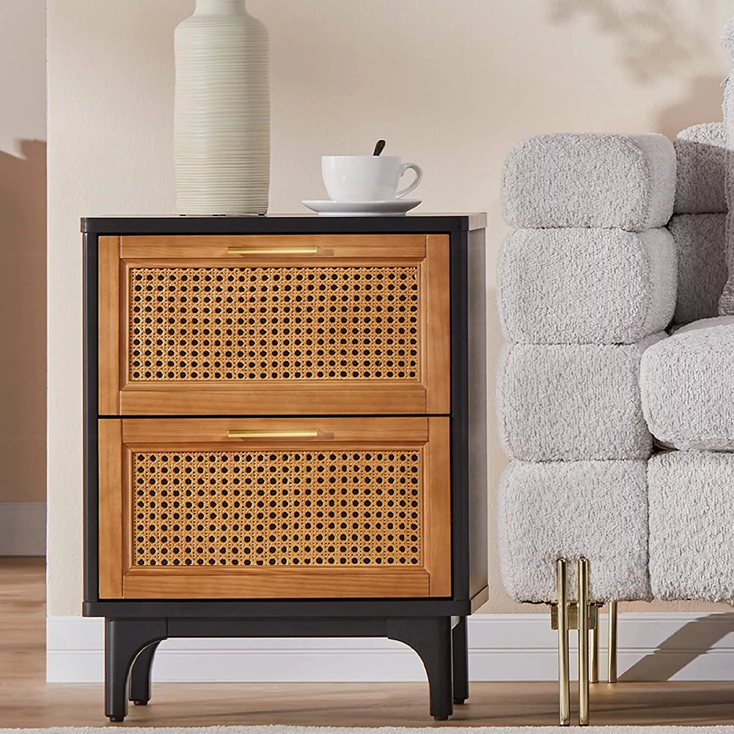 AMERLIFE Woven Natural Rattan Nightstand, Vintage Side Table with 2 Solid Wood Drawers Storage End Table, Boho Accent Bedside Tables for Bedroom, Black(1pc)