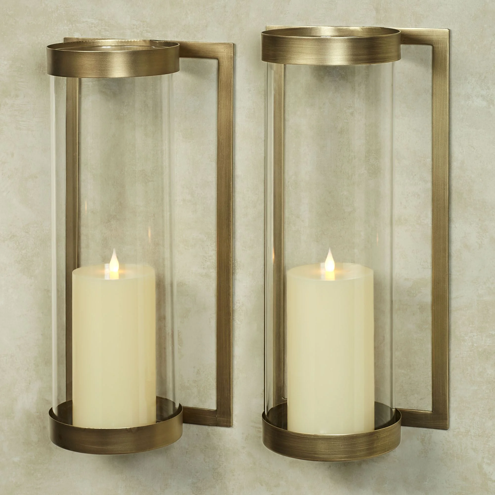 Crosce Satin Brass Metal Candle Wall Sconce Pair with Included Glass Hurricanes Large Pair