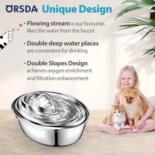 ORSDA Cat Water Fountain Stainless Steel, Pet Fountain Dog Water Dispenser, Ultra-Quiet Automatic Cat Drinking Fountains