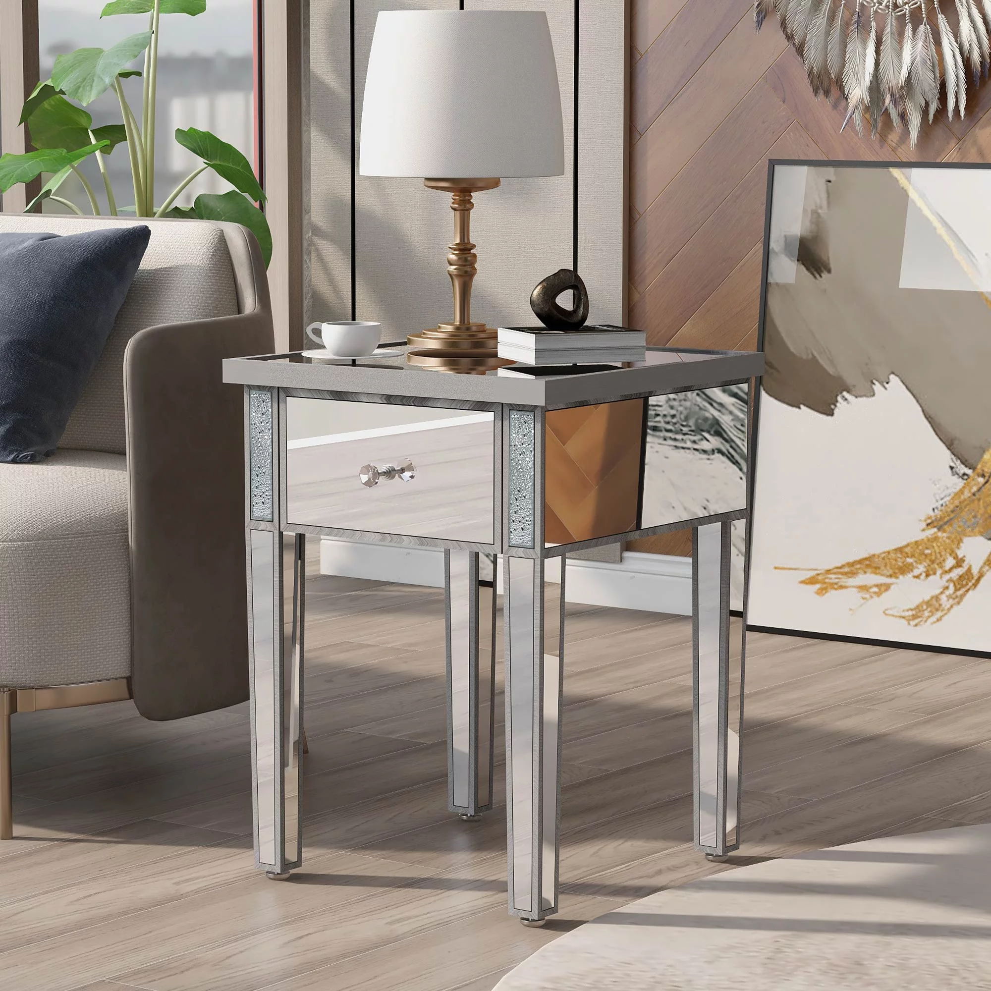 Modern Glass Mirrored End Table with Drawer, Corner Table with Crystal Handles and Adjustable Height Legs for Living Room, Silver