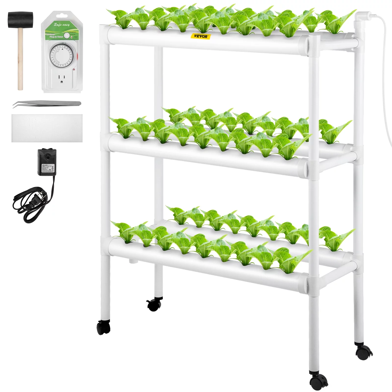 BENTISM Hydroponic Site Grow Kit 3 Layer 54 Plant Sites, 6 PVC Pipes Hydroponic Indoor Plant Growing System, Food-Grade Pipe Plant Grow Kit with Water Pump and Timer