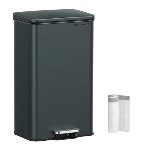 SONGMICS Kitchen Trash Can, 10.5 Gallon (40 L) Garbage Can, Large Step Trash Bin with Lid, Stainless Steel, Soft Close, 15 Trash Bags Included, Silver ULTB540E40