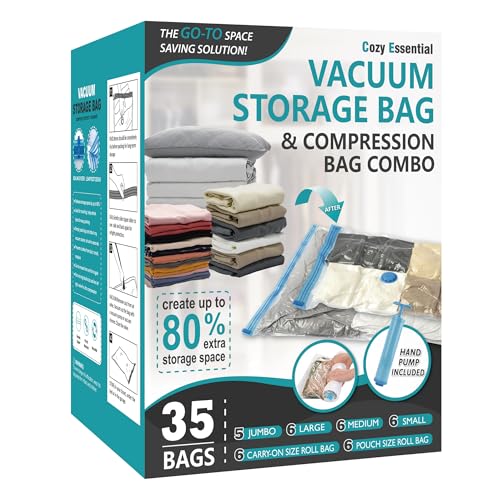 20 Pack Vacuum Storage Bags, Space Saver Bags (4 Jumbo/4 Large/4 Medium/4 Small/4 Roll) Compression for Comforters and Blankets, Sealer Clothes Storage, Hand Pump Included