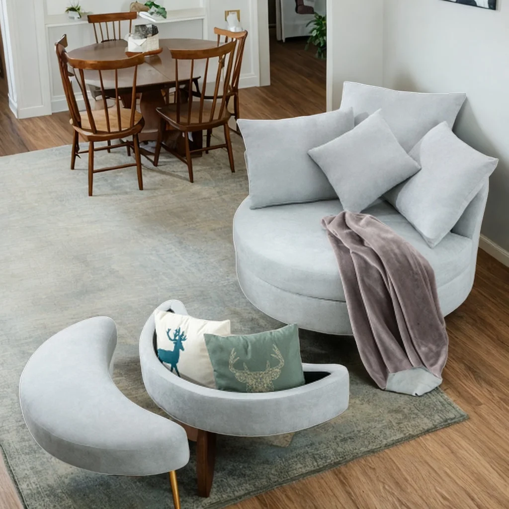 360° Swivel Accent Barrel Chair with Storage Ottoman & 4 Pillows, Modern Linen Leisure Chair Round Accent for Living Room (Beacon Gray)