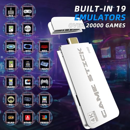 2024 Retro Game Console Stick, Classic Video Games with 4K HDMI, Built-in 19 Emulators, 20000+ Games - Plug & Play TV Video Gaming Stick with Upgrade Dual 2.4G Wireless Controllers(64GB)