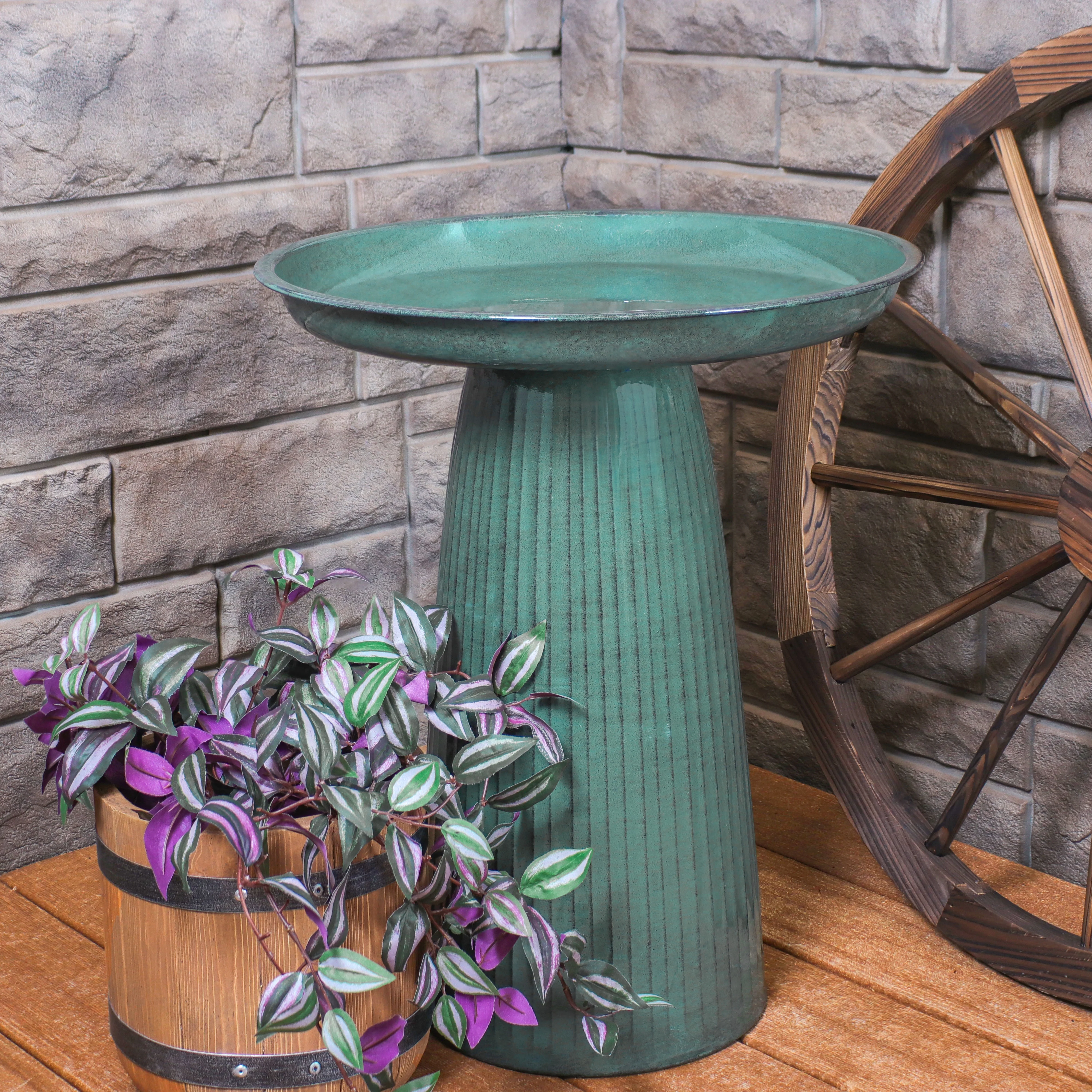 Sunnydaze Gleeful Garden Metal Outdoor Bird Bath - Green Glaze - 19
