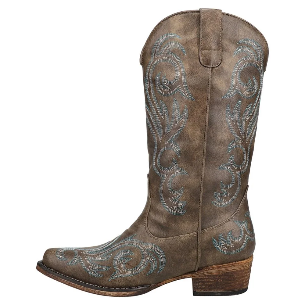 Roper  Womens Riley Embroidery Round Toe Cowboy  Casual Boots   Mid Calf Low Heel 1-2