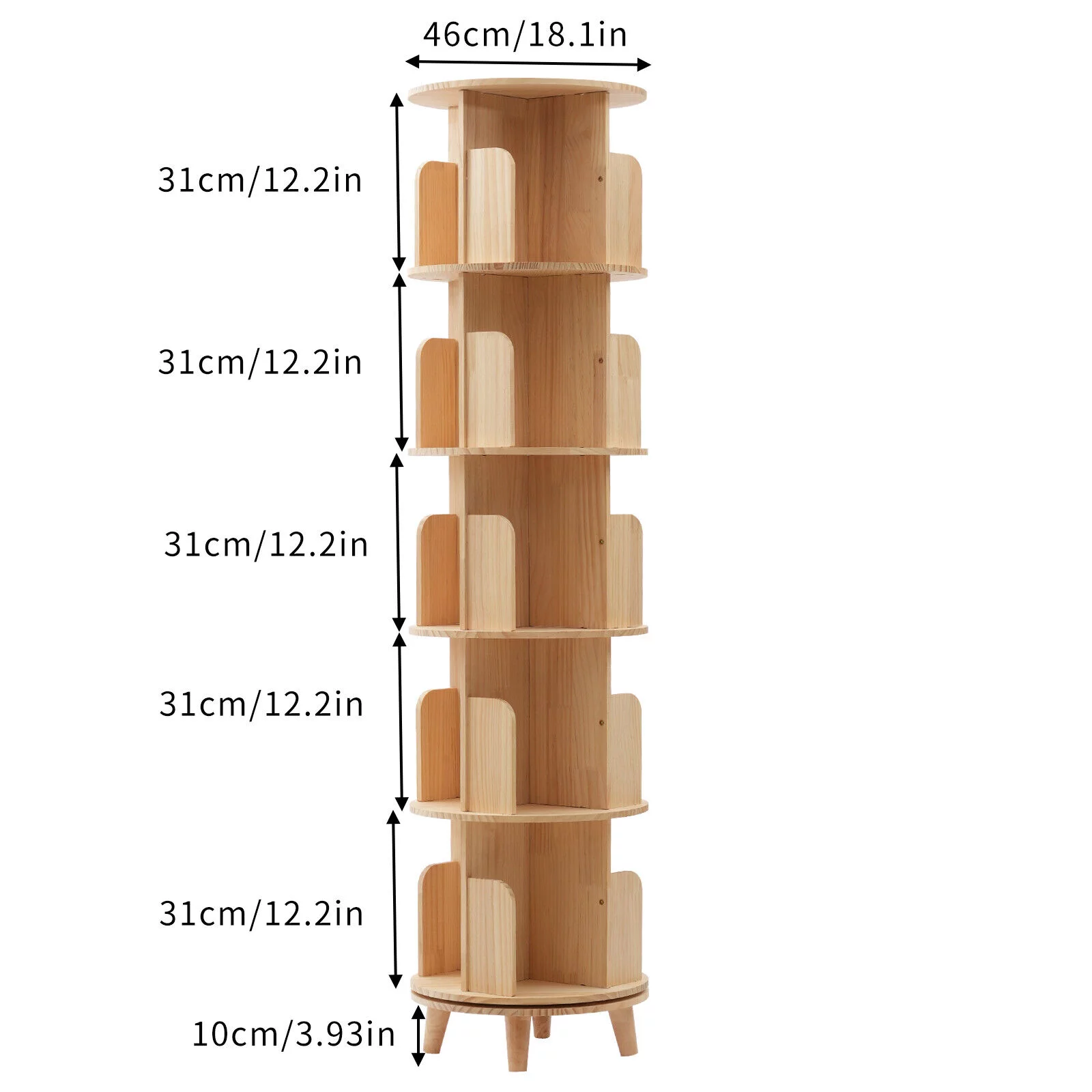 Miumaeov Upgraded 5 Tier Tall Rotating Bookshelf with Legs Large Stackable Bookshelf Wooden Storage Bookcases Book Display Rack Shelves for Study Room Living Room Bedroom