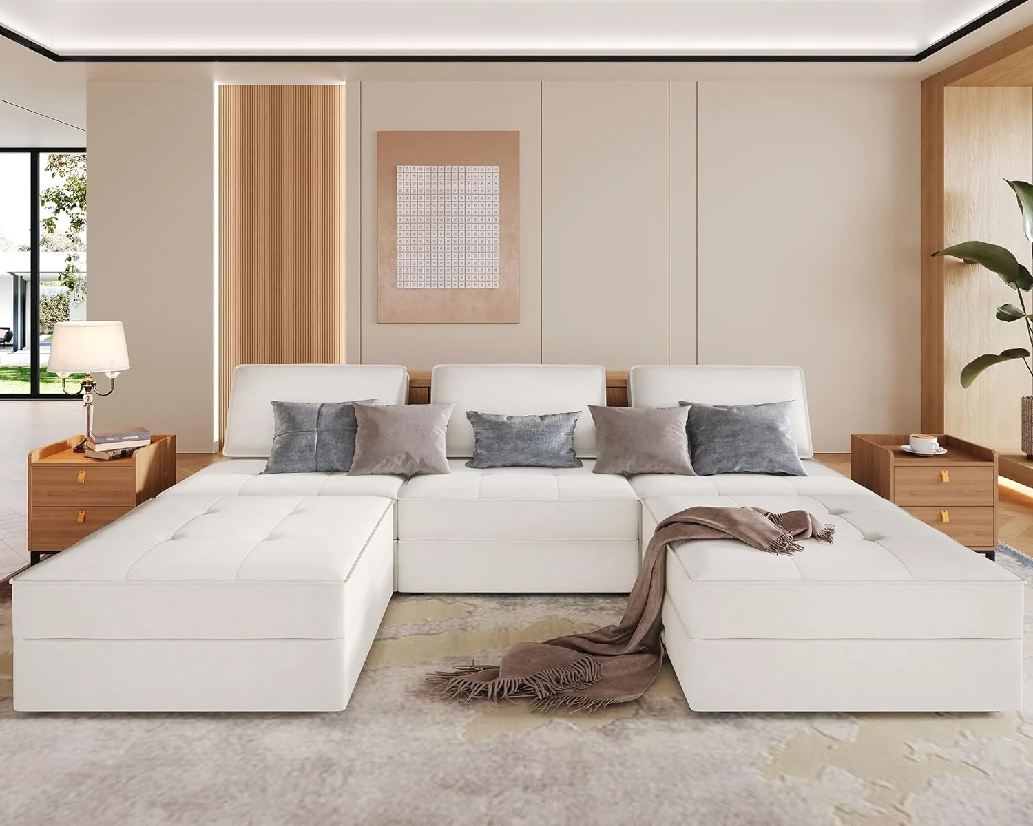 PaPaJet Sectional Sofa, 6 Seater Couch- Convertible U Shaped Sectional Sofa for Living Room(Velvet,Beige)