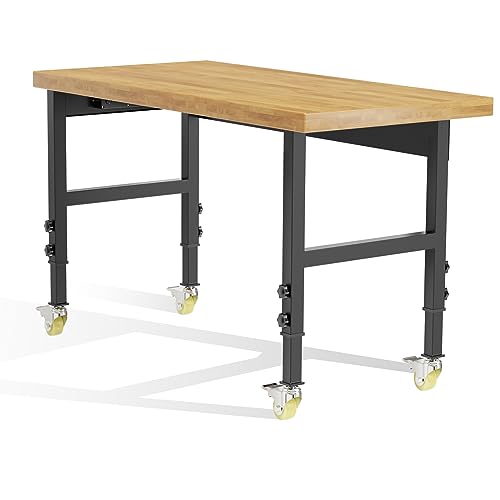 60” Heavy-Duty Solid Wood Work Bench Work Table with Wheels, Adjustable Height Portable Workbench with Power Outlets, 3000 Lbs Capacity Workstation for Garage, Workshop