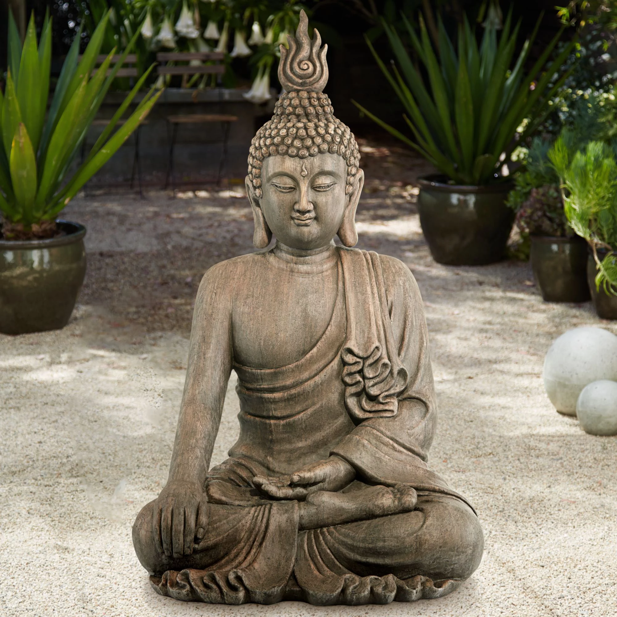 John Timberland Large Sitting Buddha Statue Sculpture Zen Asian Garden Decor Indoor Outdoor Front Porch Stone Gray Finish 42