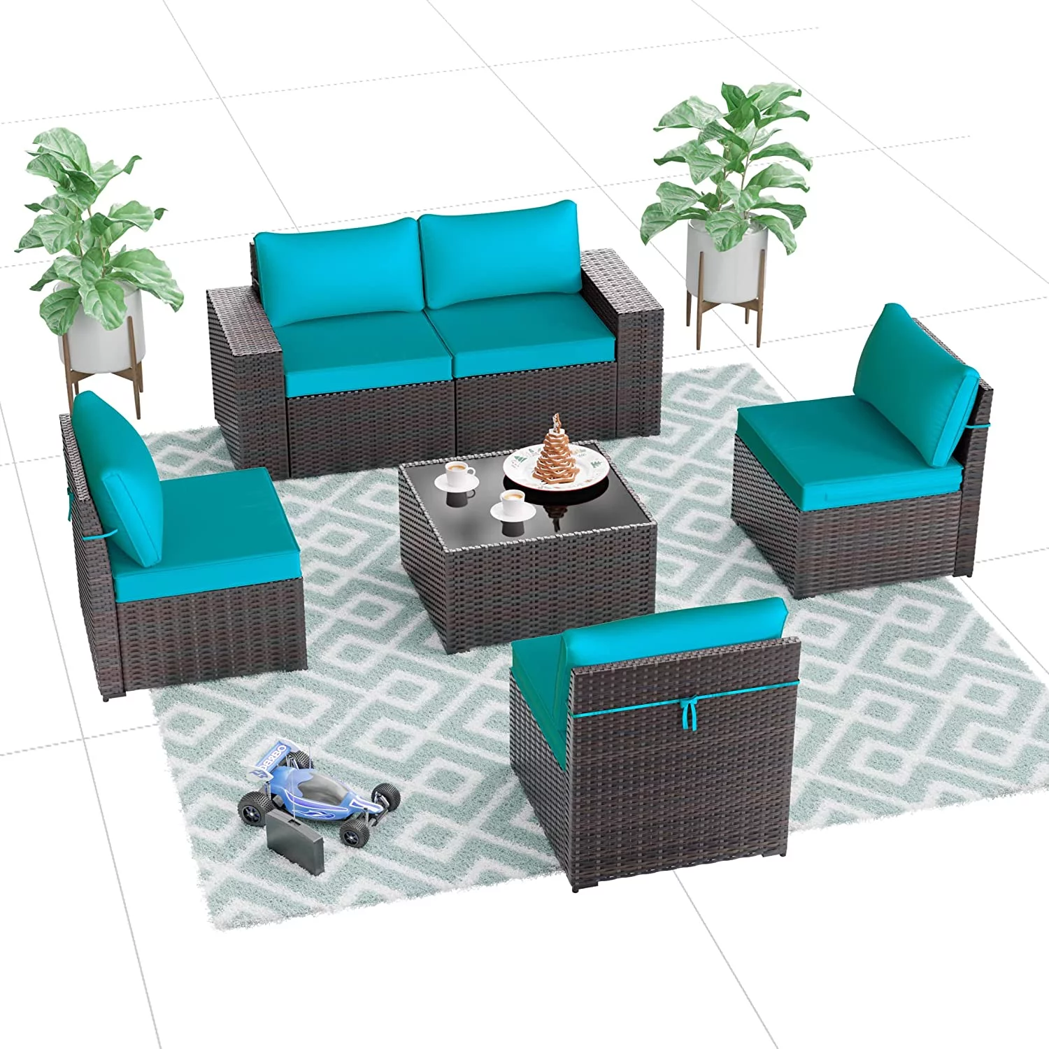 ALAULM Patio Furniture Sets 6 Pieces Patio Sectional Outdoor Furniture Patio Sofa Chairs Set All Weather PE Rattan Wicker Couch Conversation Set with 5 Thickened Cushions & Coffee Table